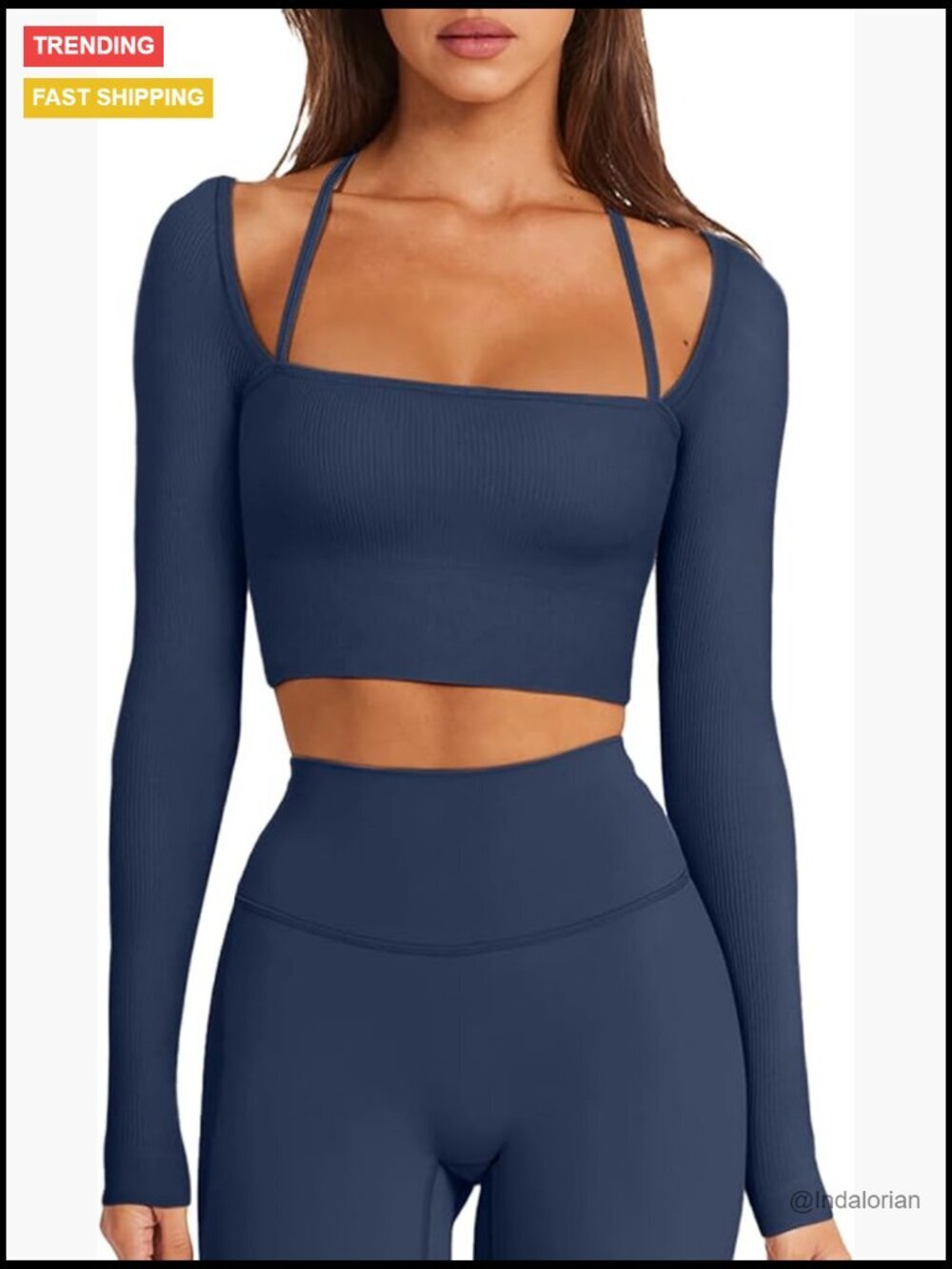 Sexy Square Neck Crop Top Ribbed Seamless Long Sleeve Workout Yoga Top